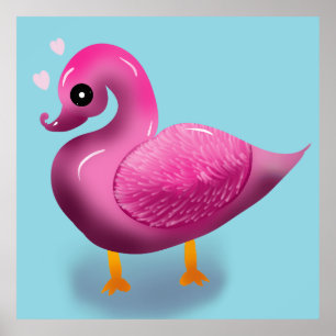 Cute Kawaii Pink Duck & Hearts Nursery Art Poster