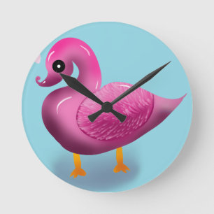 Cute Kawaii Pink Duck & Hearts Nursery Art Round Clock
