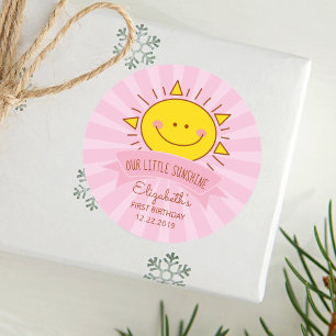 Cute Kawaii Pink Little Sunshine Kids 1st Birthday Classic Round Sticker