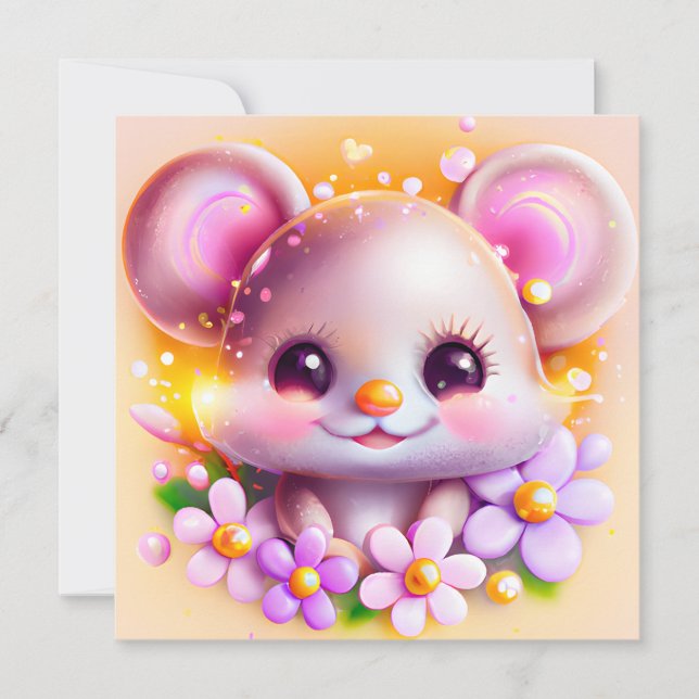 Cute Kawaii Pink Mouse  Holiday Card (Front)