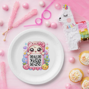 Cute Kawaii Pink QR Code Character Floral Pastel R Paper Plate