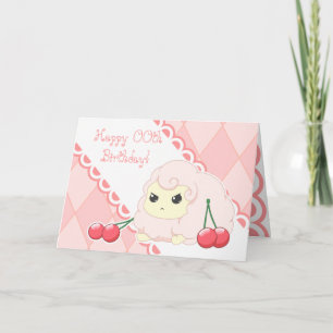 Cute kawaii pink sheep with cherries birthday card