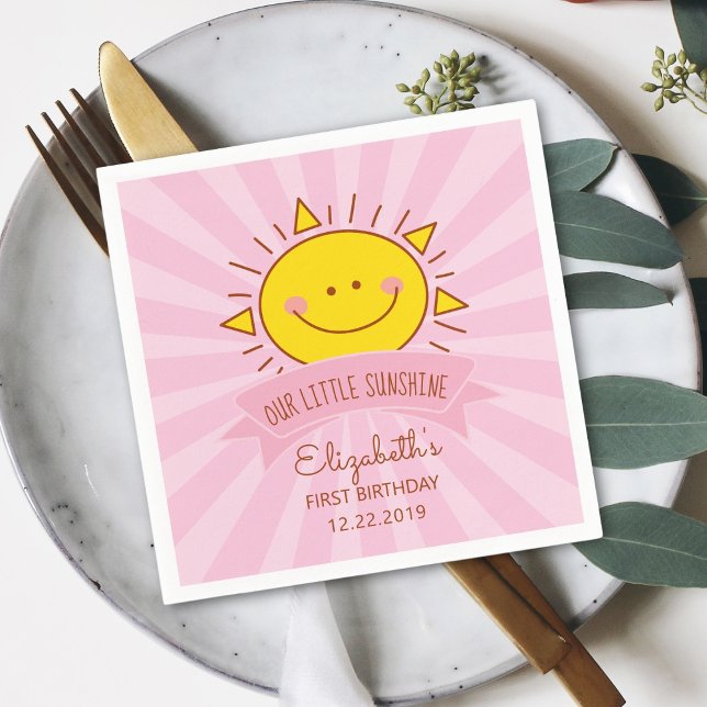 Cute Kawaii Pink Sunshine Kids 1st Birthday Party Napkin (Creator Uploaded)