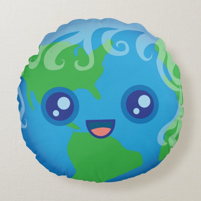 Cute Kawaii Planet Earth Round Cushion (Front)