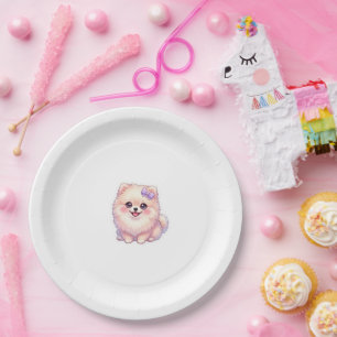 Cute Kawaii Pomeranian Puppy Dog Purple Bow Pastel Paper Plate