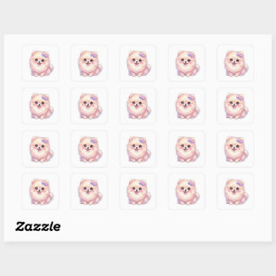 Cute Kawaii Pomeranian Puppy Dog Purple Bow Pastel Square Sticker