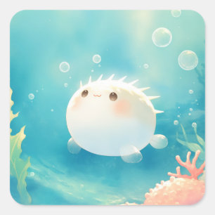 Cute Kawaii Pufferfish Watercolor Under the Sea Square Sticker