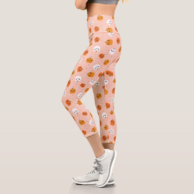 Cute Kawaii Pumpkin Faces Pattern Capri Leggings (Left)