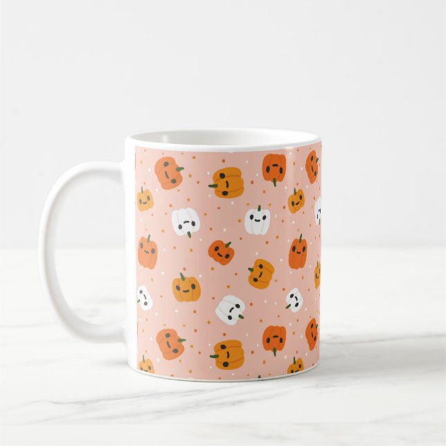 Cute Kawaii Pumpkin Faces Pattern Coffee Mug (Left)