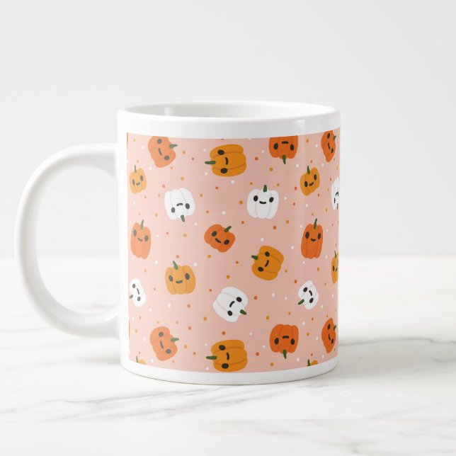 Cute Kawaii Pumpkin Faces Pattern Large Coffee Mug (Left)