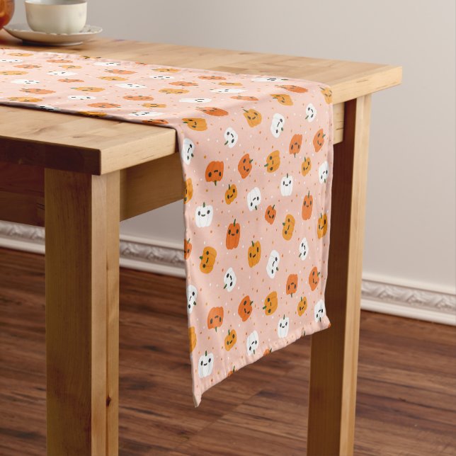 Cute Kawaii Pumpkin Faces Pattern Short Table Runner (In Situ)