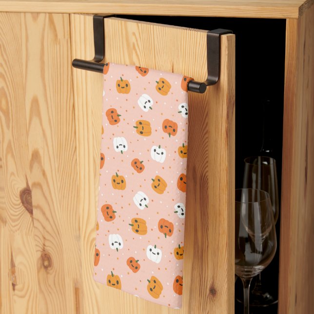 Cute Kawaii Pumpkin Faces Pattern Tea Towel (Thirds Fold)