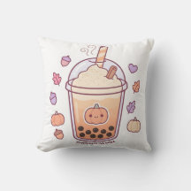 Cute Kawaii Pumpkin Spice Boba Throw Pillow