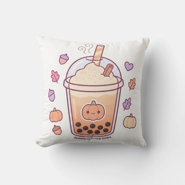 Cute Kawaii Pumpkin Spice Boba Throw Pillow (Front)