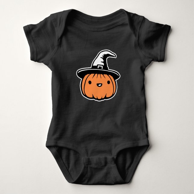 Cute Kawaii Pumpkin Wearing Witch Hat Halloween Baby Bodysuit (Front)