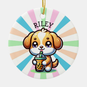 Cute Kawaii Puppy Dog with Bubble Tea Personalised Ceramic Tree Decoration