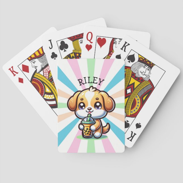 Cute Kawaii Puppy Dog with Bubble Tea Personalised Playing Cards (Back)