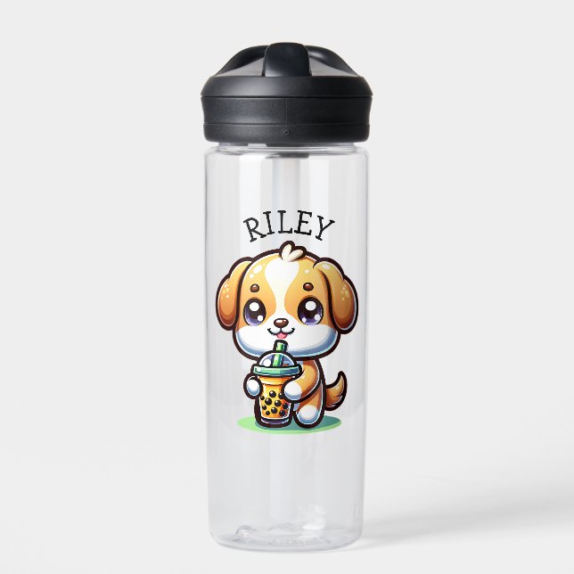 Cute Kawaii Puppy Dog with Bubble Tea Personalised Water Bottle (Front)