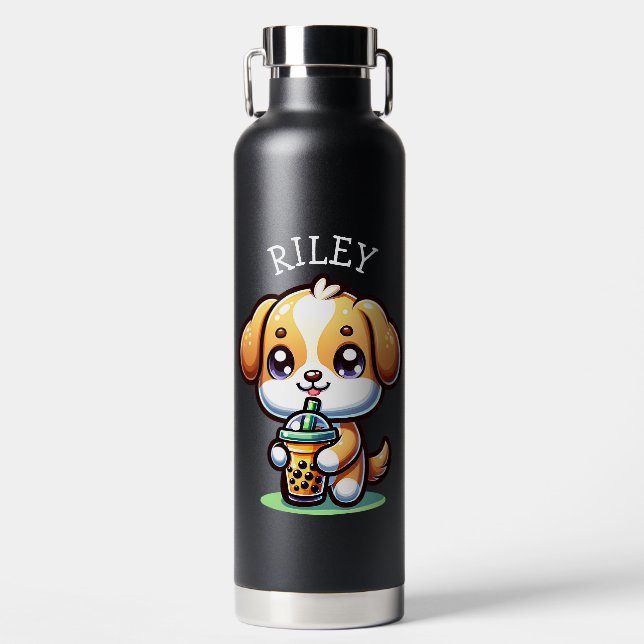 Cute Kawaii Puppy Dog with Bubble Tea Personalised Water Bottle (Front)