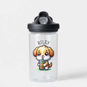 Cute Kawaii Puppy Dog with Bubble Tea Personalised Water Bottle