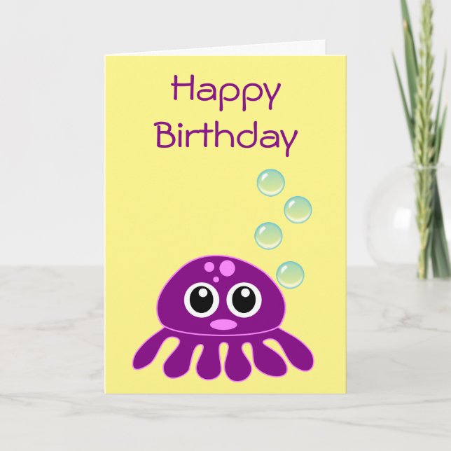 Cute Kawaii Purple Jellyfish Happy Birthday Card (Front)
