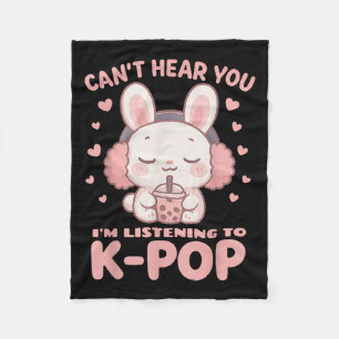 Cute Kawaii Rabbit Boba Can't Hear You I'm Listeni Fleece Blanket
