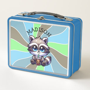Cute Kawaii Racoon with Bubble Tea Personalised Metal Lunch Box