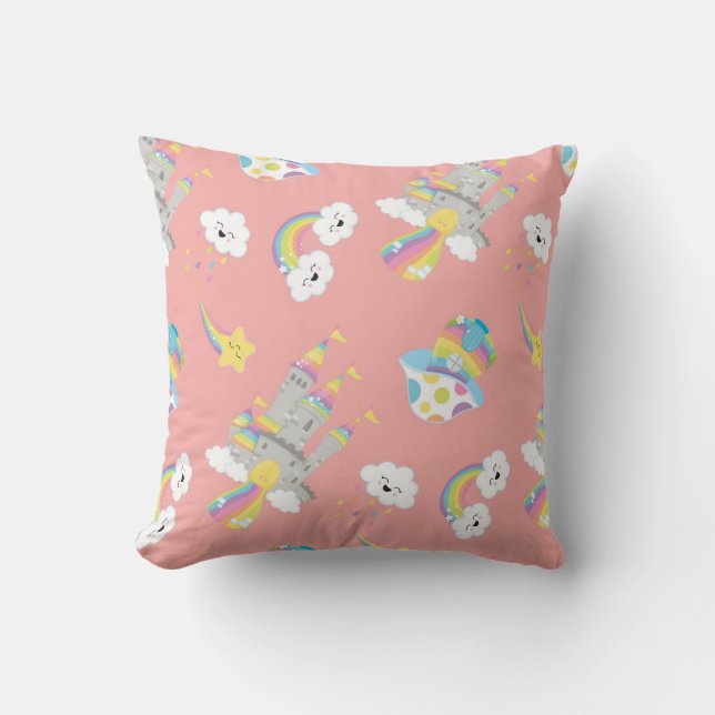 Cute Kawaii Rainbow Castle Happy Clouds Coral Cushion (Front)