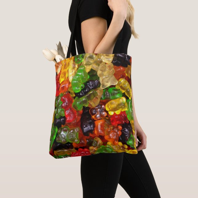 cute kawaii rainbow colourful candy bear gummy tote bag (Close Up)