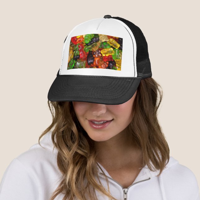 cute kawaii rainbow colourful candy bear gummy trucker hat (In Situ)