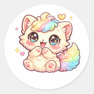 Cute Kawaii Rainbow Kitten Pastel Fluffy Cat Stick Classic Round Sticker