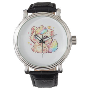 Cute Kawaii Rainbow Kitten Pastel Fluffy Cat Stick Watch