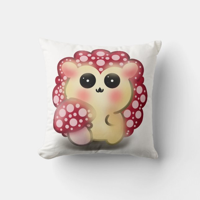 Cute Kawaii Red Mushroom Hedgehog Toadstool Art Cushion (Front)