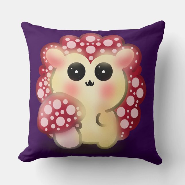 Cute Kawaii Red Mushroom Hedgehog Toadstool Art Cushion (Front)