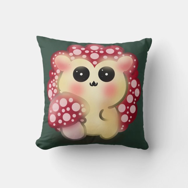 Cute Kawaii Red Mushroom Hedgehog Toadstool Art Cushion (Front)