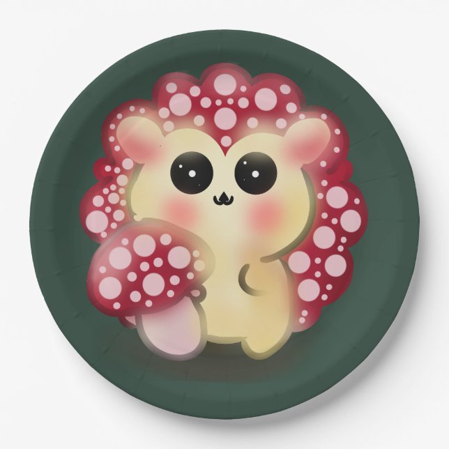 Cute Kawaii Red Mushroom Hedgehog Toadstool Art Paper Plate (Front)