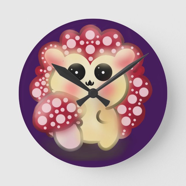 Cute Kawaii Red Mushroom Hedgehog Toadstool Art Round Clock (Front)