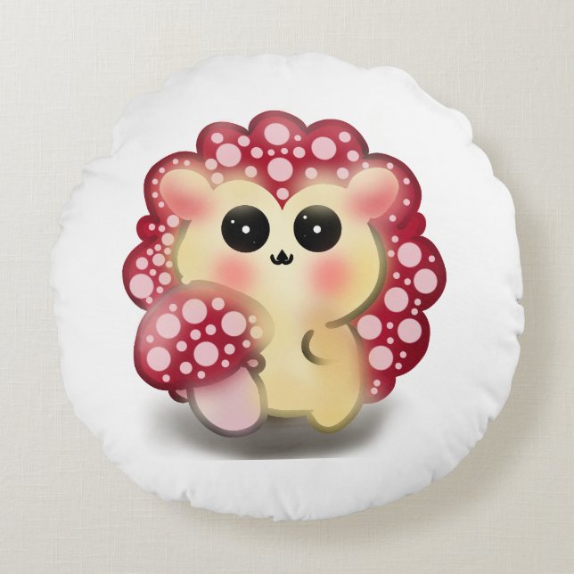 Cute Kawaii Red Mushroom Hedgehog Toadstool Art Round Cushion (Front)