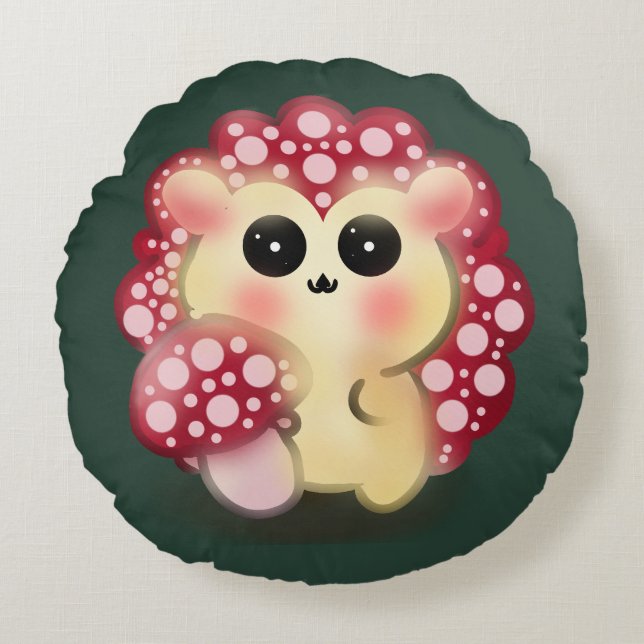 Cute Kawaii Red Mushroom Hedgehog Toadstool Art Round Cushion (Front)