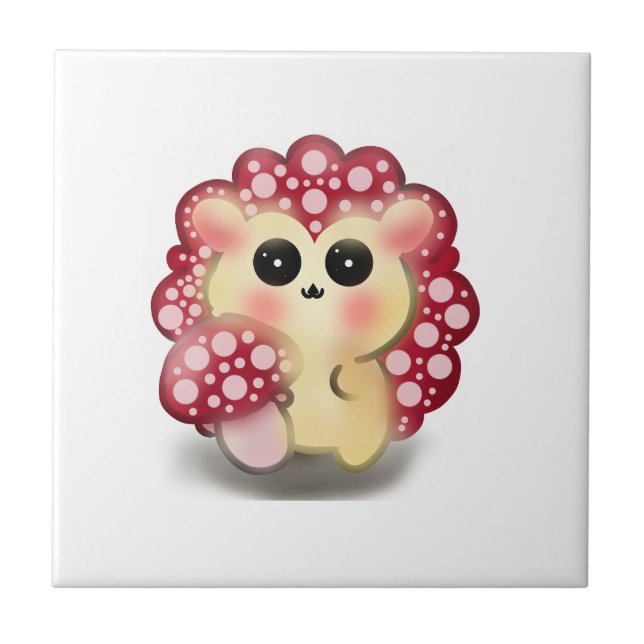 Cute Kawaii Red Mushroom Hedgehog Toadstool Art Tile (Front)