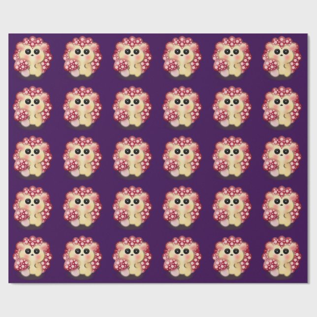 Cute Kawaii Red Mushroom Hedgehog Toadstool Art Wrapping Paper (Flat)