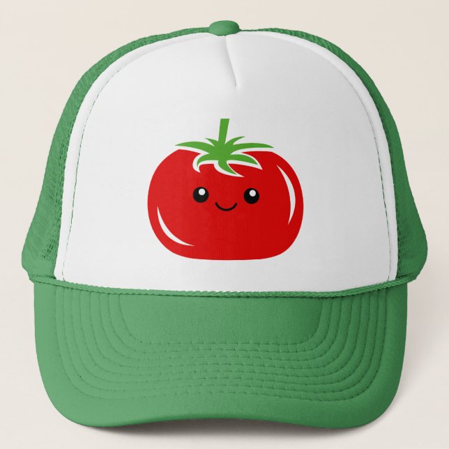 Cute Kawaii red tomato face vegetable drawing Trucker Hat (Front)