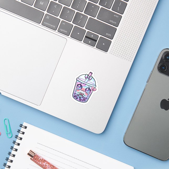 Cute Kawaii Sad Boba Milk Tea Crying with Broken H (Laptop w/ iPhone)