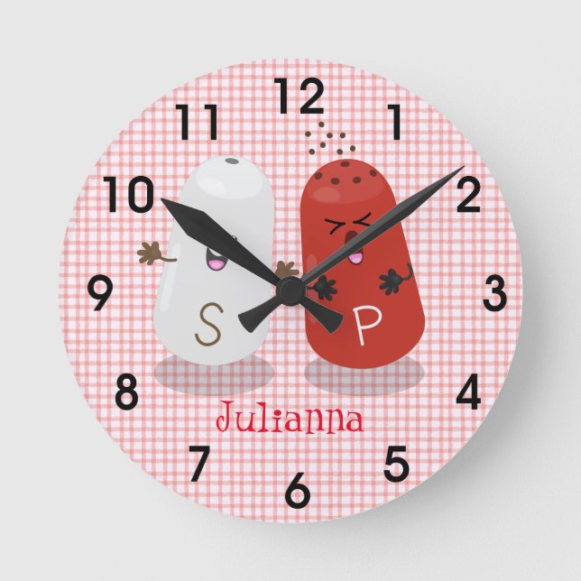 Cute kawaii salt and pepper shakers cartoon round clock (Front)