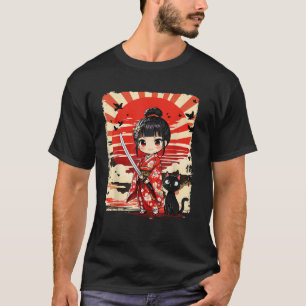 Cute Kawaii Samurai Girl and Cat Japanese Anime Ki T-Shirt