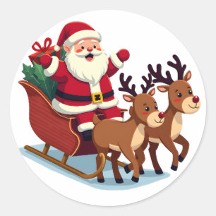 Cute Kawaii Santa Claus Santa on Sleigh with Reind Classic Round Sticker