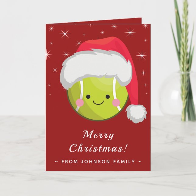 Cute Kawaii Santa Tennis Ball Xmas Sparkle Red Card (Front)