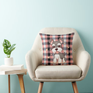 Cute Kawaii Schnauzer Dog Pink Buffalo Plaid Cushion