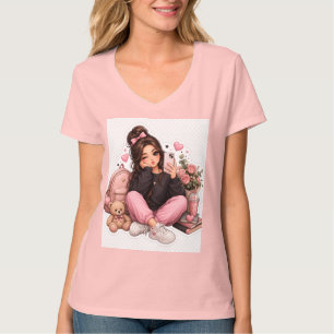 Cute Kawaii Selfie Girl Sticker T-Shirt Design