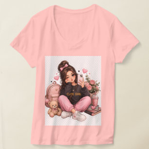 Cute Kawaii Selfie Girl Sticker T-Shirt Design